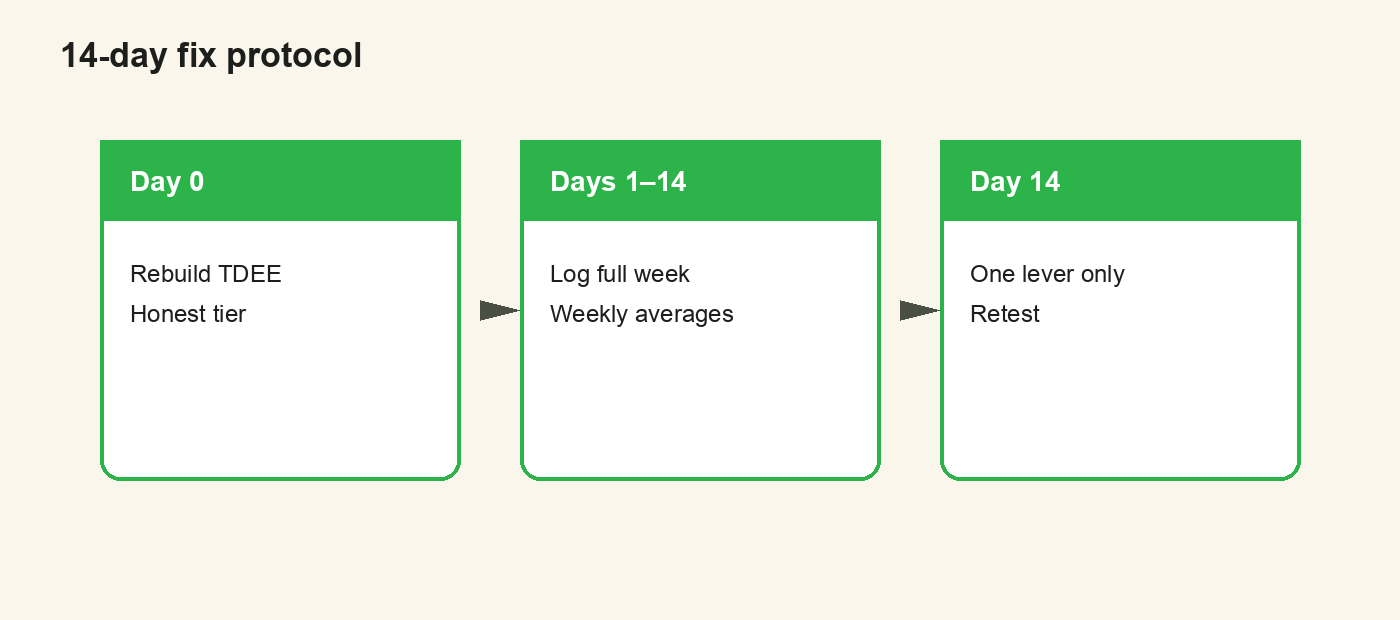 14-day fix: Day 0 rebuild, days 1–14 log, day 14 one lever